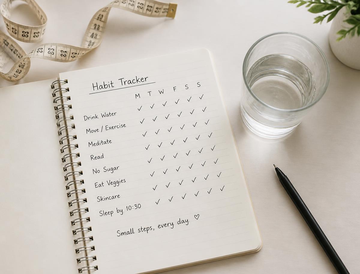 Habit tracking journal, water glass, and measuring tape arranged neatly on a wooden desk